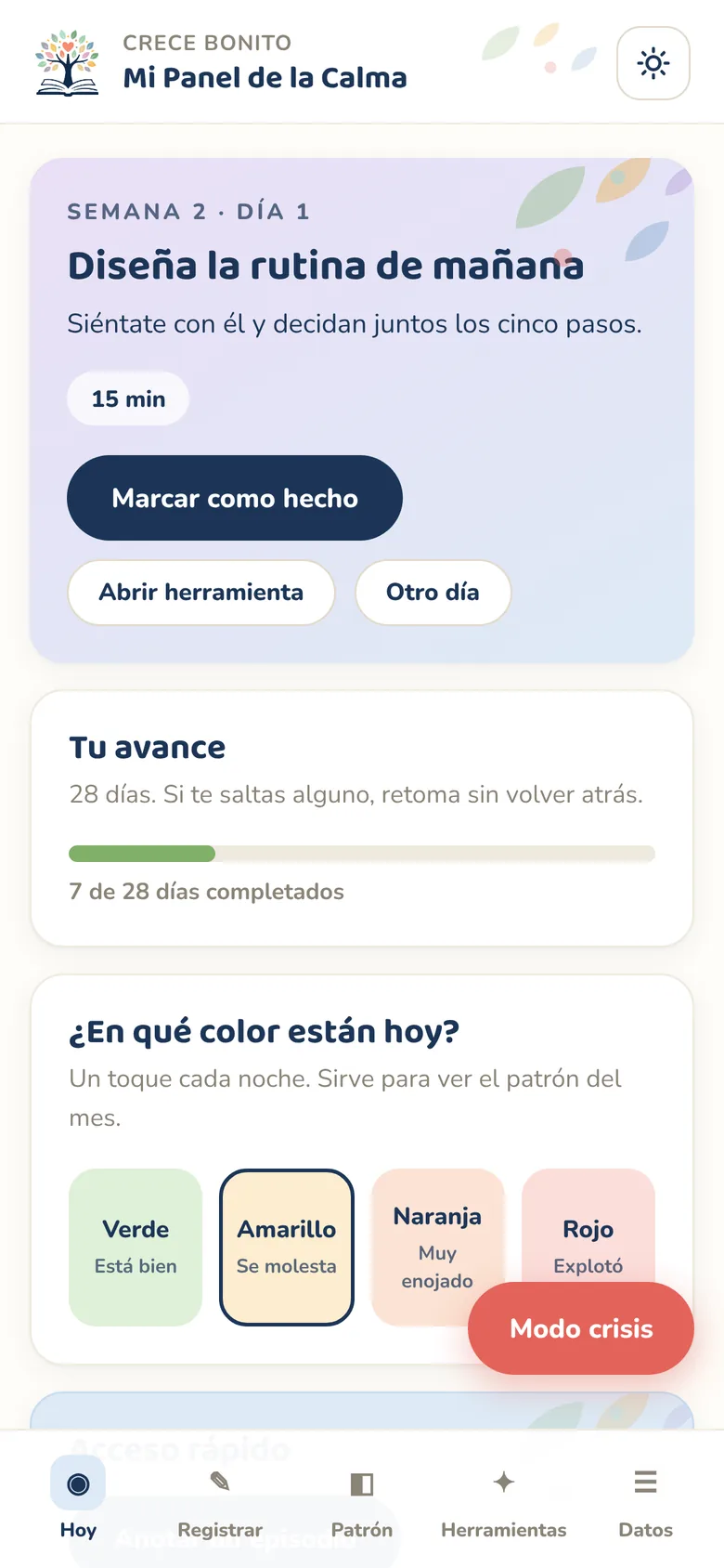 Pantalla Hoy con la tarea del día, el avance de 28 días y el termómetro de colores