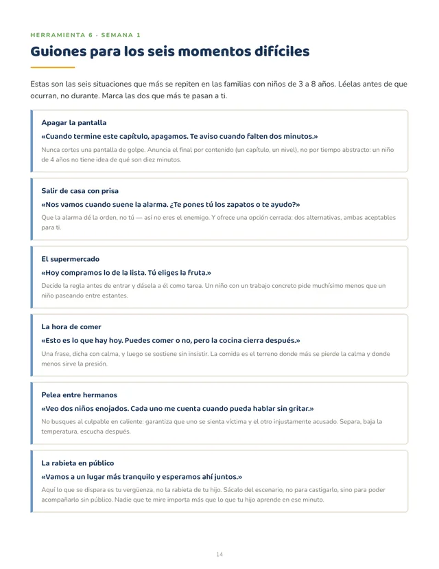 Página Guiones para seis momentos difíciles